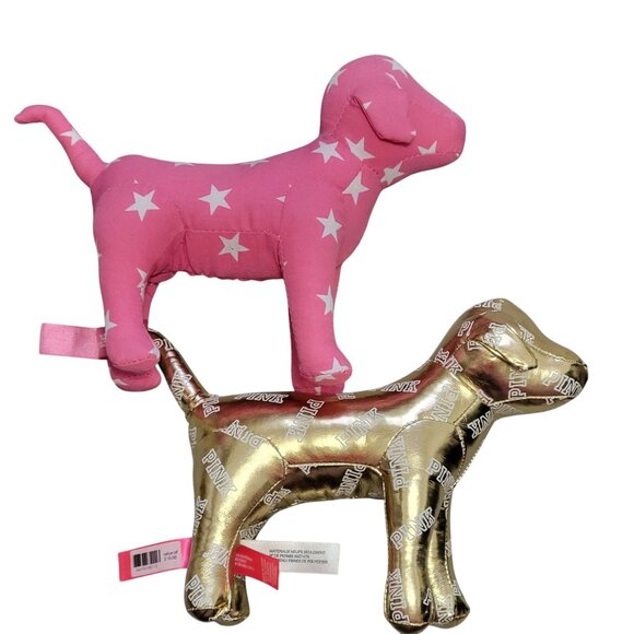 Victoria's Secret Other - Victorias Secret Pink and Gold Dog Plush Toy Set Of 2 Pink Star & Gold Logo